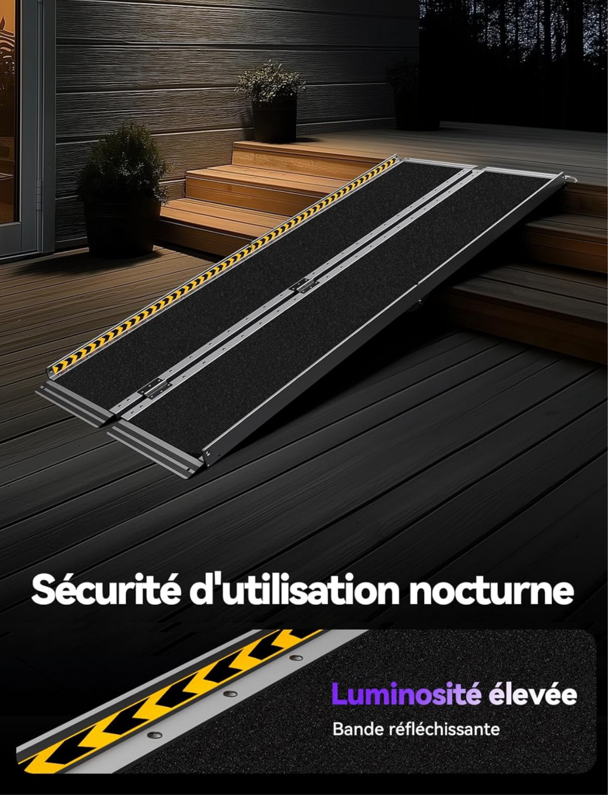 Rampe pour Fauteuil Roulant en Aluminium Large 183 cm, Pliable, avec Plaque de Transition, Capacité 362KG, pour Bordures de Trottoir (Poignée de Transport et Bandes Réfléchissantes de Sécurité)