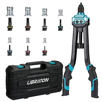 LIBRATON Pince a Rivet, 16" Pince a écrous à Rivets, Kit Professionnel Outil à Riveter avec 70 écrous et 7 mandrins métriques, Facile à remplacer, avec étui de Transport