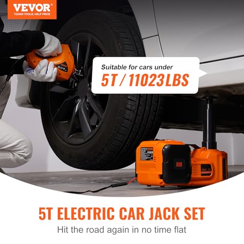 VEVOR Cric Hydraulique Électrique 5 T 12 V DC Cric de Levage avec Lampe LED Gonfleur de Pneus Coffret pour Dépannage Routière Démonte-Pneus