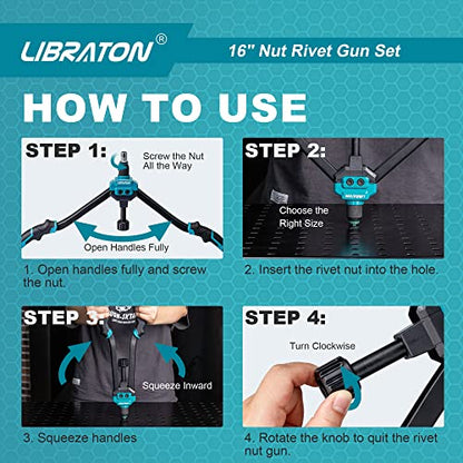 LIBRATON Pince a Rivet, 16" Pince a écrous à Rivets, Kit Professionnel Outil à Riveter avec 70 écrous et 7 mandrins métriques, Facile à remplacer, avec étui de Transport