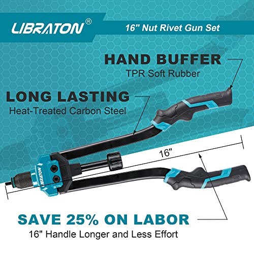 LIBRATON Pince a Rivet, 16" Pince a écrous à Rivets, Kit Professionnel Outil à Riveter avec 70 écrous et 7 mandrins métriques, Facile à remplacer, avec étui de Transport