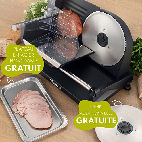 Trancheuse Electrique 150W Twinzee - Trancheuse à Jambon Professionnelle Réglable 0-15mm - 2 Lames Coupe Saucisson, Pain et Viande Noir