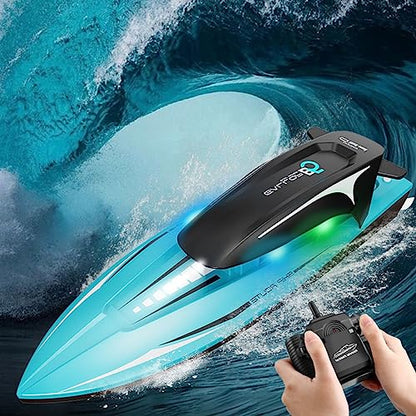 Bateau Telecommandé 2.4GHz Bateau,RC Racing Boat avec Lumière Éblouissante et 2 Batteries Anti - Collision