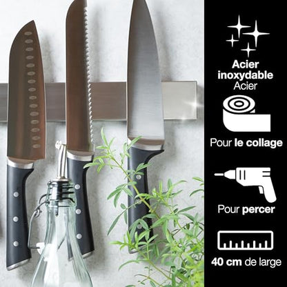 barre magnétique pour couteaux - rail universel, Acier inoxydable 40 cm