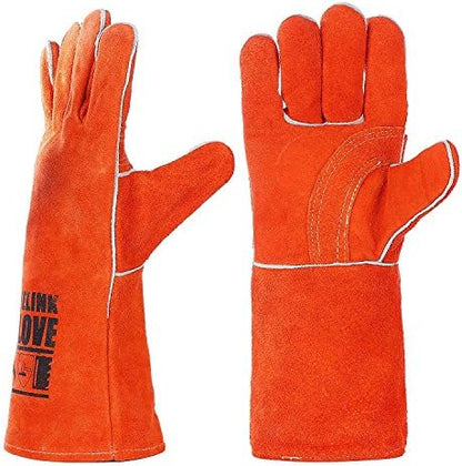 QeeLink Gants de soudage – Résistant à la chaleur et à l'usure en cuir doublé et coutures ignifuges – pour soudeurs/cheminée/barbecue/jardinage