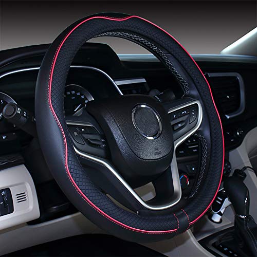 Couvre Volant de Voiture en Cuir Microfibre 15 Pouces (Noir Rouge)