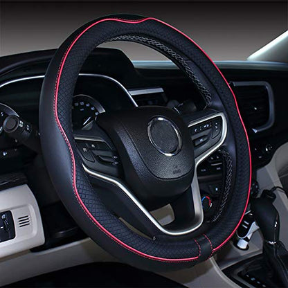 Couvre Volant de Voiture en Cuir Microfibre 15 Pouces (Noir Rouge)