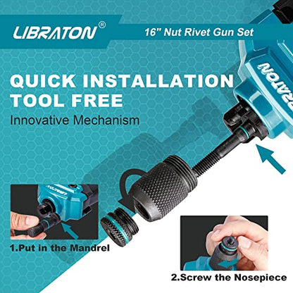 LIBRATON Pince a Rivet, 16" Pince a écrous à Rivets, Kit Professionnel Outil à Riveter avec 70 écrous et 7 mandrins métriques, Facile à remplacer, avec étui de Transport