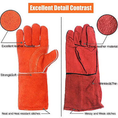 QeeLink Gants de soudage – Résistant à la chaleur et à l'usure en cuir doublé et coutures ignifuges – pour soudeurs/cheminée/barbecue/jardinage