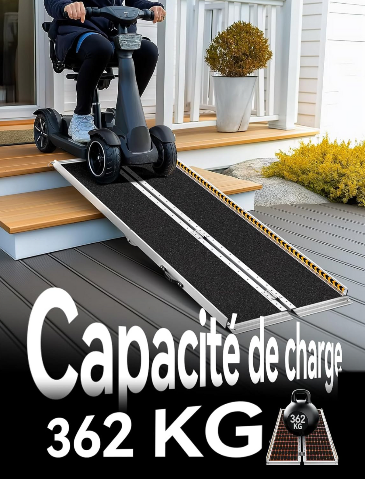 Rampe pour Fauteuil Roulant en Aluminium Large 183 cm, Pliable, avec Plaque de Transition, Capacité 362KG, pour Bordures de Trottoir (Poignée de Transport et Bandes Réfléchissantes de Sécurité)