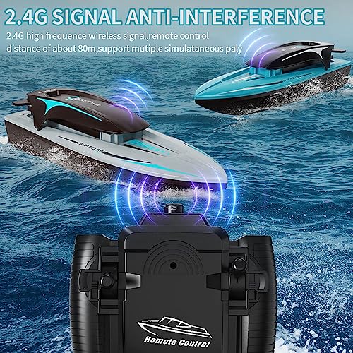 Bateau Telecommandé 2.4GHz Bateau,RC Racing Boat avec Lumière Éblouissante et 2 Batteries Anti - Collision