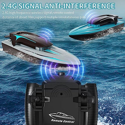 Bateau Telecommandé 2.4GHz Bateau,RC Racing Boat avec Lumière Éblouissante et 2 Batteries Anti - Collision