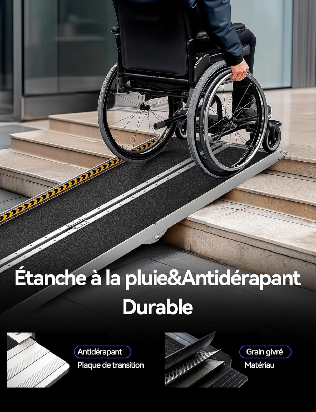 Rampe pour Fauteuil Roulant en Aluminium Large 183 cm, Pliable, avec Plaque de Transition, Capacité 362KG, pour Bordures de Trottoir (Poignée de Transport et Bandes Réfléchissantes de Sécurité)