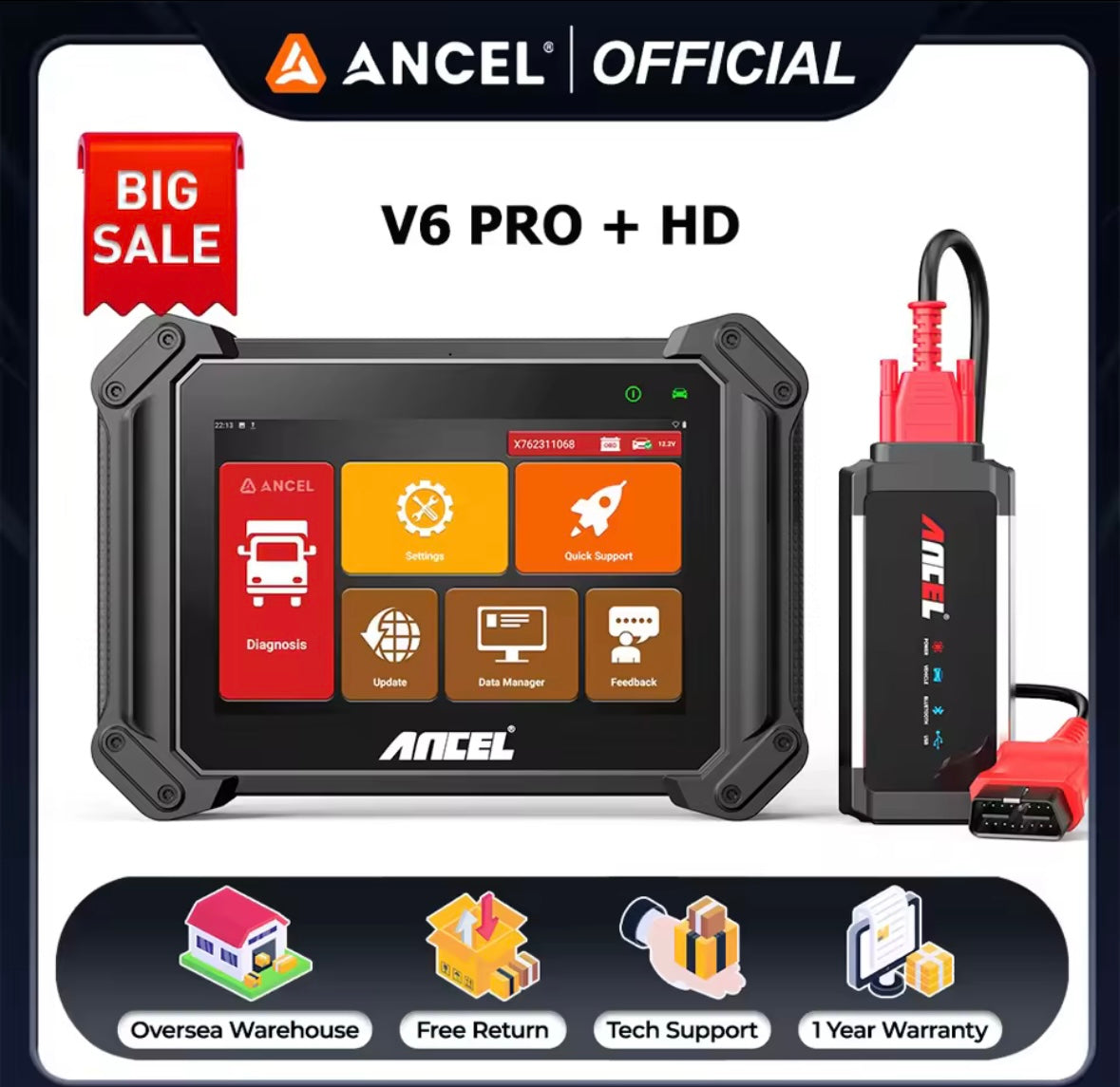 ANCEL V6 Pro + HD Scanner automobile OBD2 outil de Diagnostic du système complet.