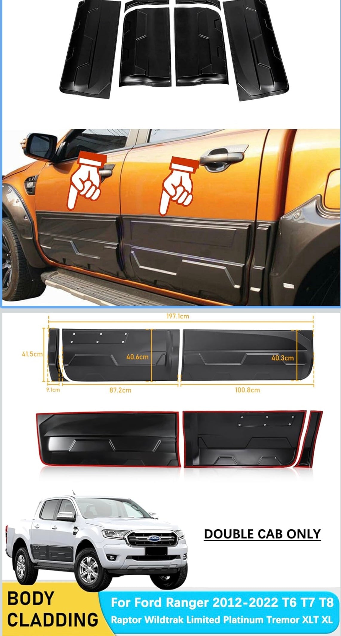 JHCHAN Protection de Porte de Voiture pour Ford Ranger 2012-2022 T6 T7 T8 Double Cabine Wildtrak Raptor XL XLT Tremor Limited Platinum Carrosserie Habillage de portière latérale