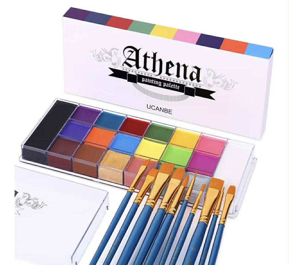 UCANBE Peinture Corporelle 20 Couleurs avec 10 Pinceaux - Peinture Visage Longue Durée Sécurité - Ensemble de Maquillage pour Enfants et Adultes, Théâtre, Carnaval, Halloween, Scène, Clown, Cosplay